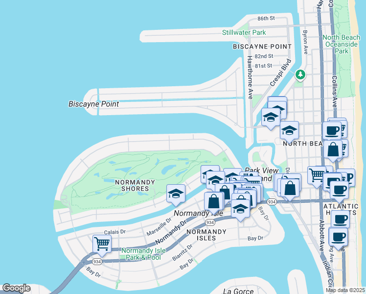 map of restaurants, bars, coffee shops, grocery stores, and more near 385 Fairway Drive in Miami Beach