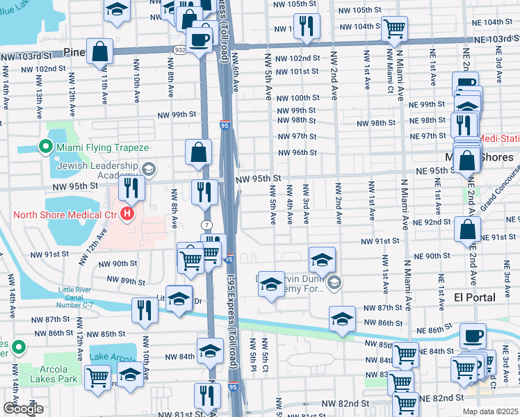 map of restaurants, bars, coffee shops, grocery stores, and more near 535 Northwest 93rd Street in Miami