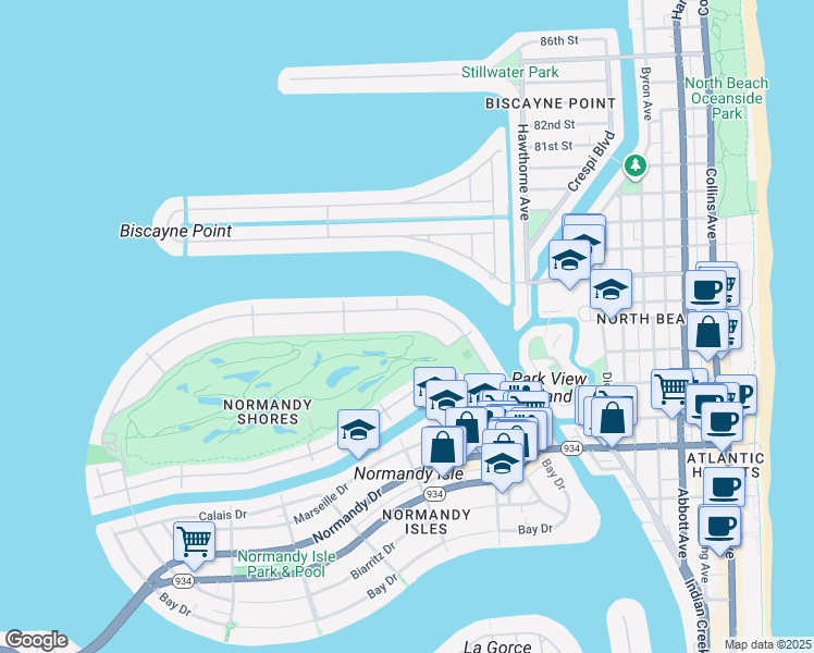 map of restaurants, bars, coffee shops, grocery stores, and more near 303 Fairway Drive in Miami Beach
