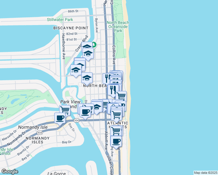map of restaurants, bars, coffee shops, grocery stores, and more near 7418 Harding Avenue in Miami Beach