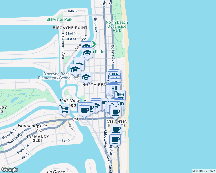 map of restaurants, bars, coffee shops, grocery stores, and more near 7445 Harding Avenue in Miami Beach