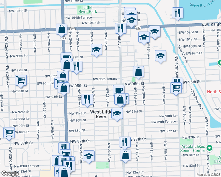 map of restaurants, bars, coffee shops, grocery stores, and more near 2242 Northwest 94th Street in Miami