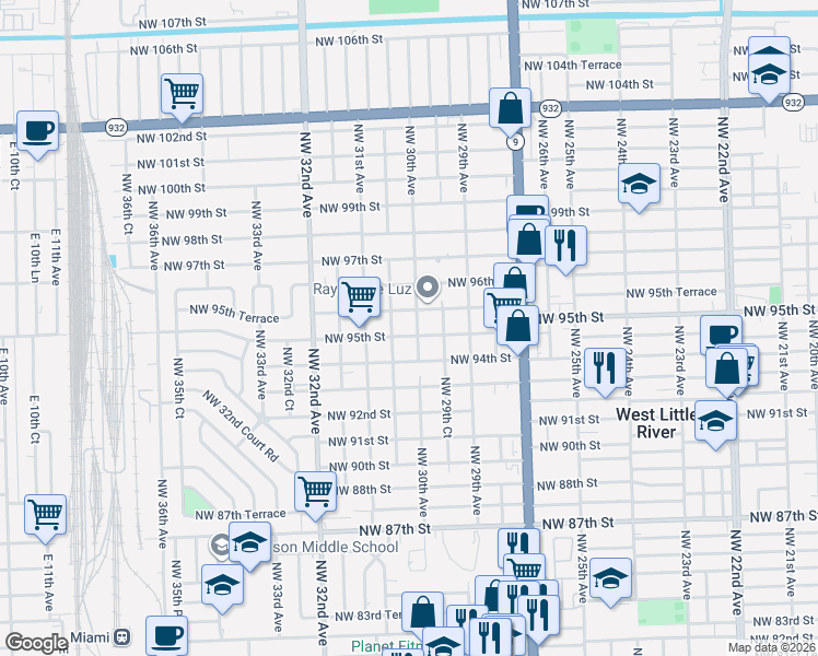 map of restaurants, bars, coffee shops, grocery stores, and more near 3028 Northwest 95th Street in Miami