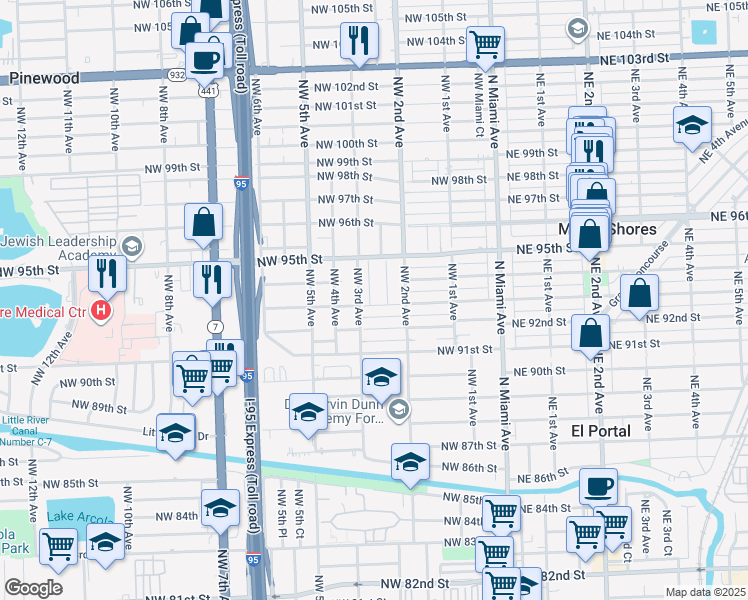 map of restaurants, bars, coffee shops, grocery stores, and more near 290 Northwest 93rd Street in Miami Shores