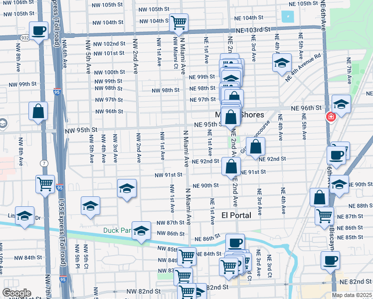 map of restaurants, bars, coffee shops, grocery stores, and more near in Miami Shores