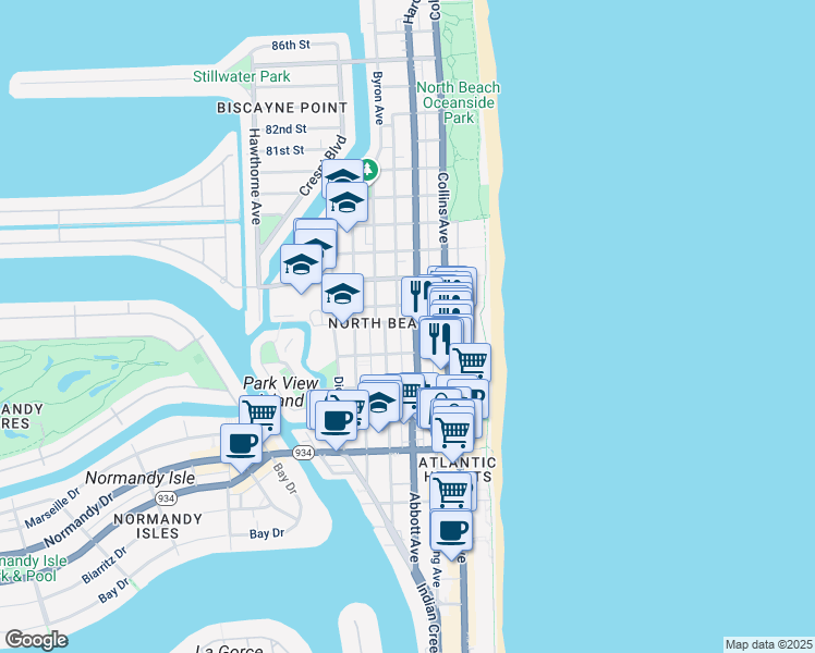map of restaurants, bars, coffee shops, grocery stores, and more near 7418 Harding Avenue in Miami Beach