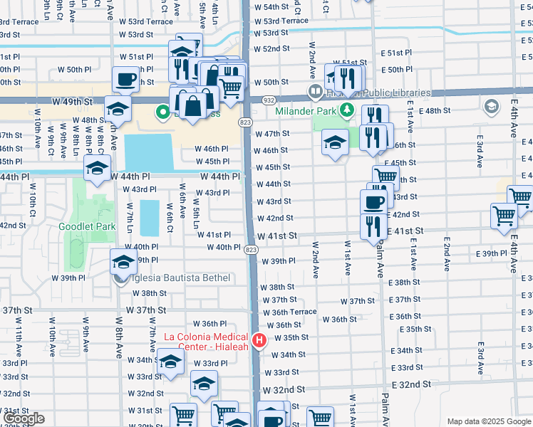 map of restaurants, bars, coffee shops, grocery stores, and more near 316 West 42nd Street in Hialeah