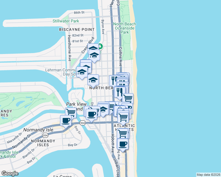 map of restaurants, bars, coffee shops, grocery stores, and more near 7418 Harding Avenue in Miami Beach