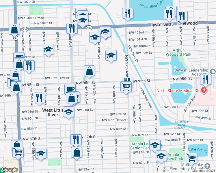 map of restaurants, bars, coffee shops, grocery stores, and more near 1848 Northwest 94th Street in Miami