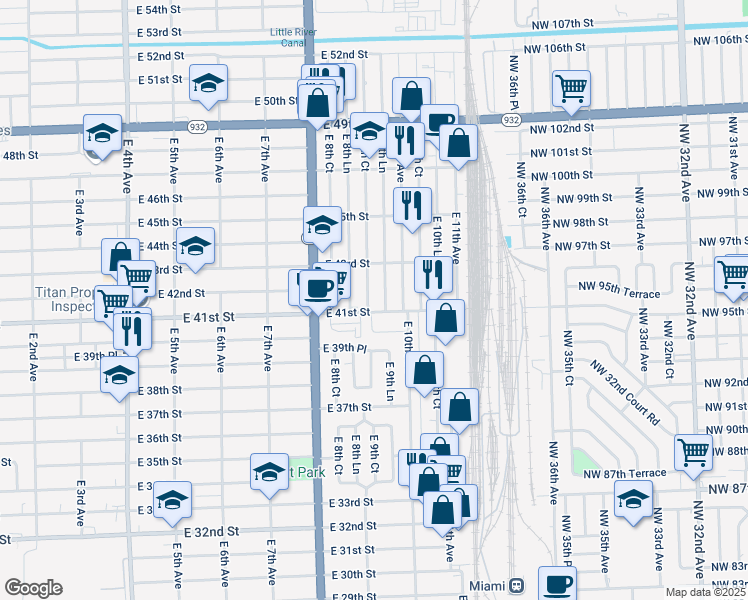 map of restaurants, bars, coffee shops, grocery stores, and more near 930 East 41st Street in Hialeah