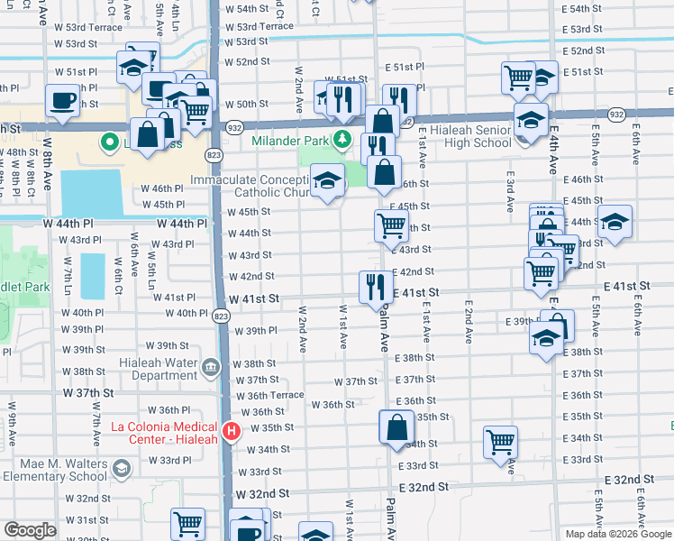 map of restaurants, bars, coffee shops, grocery stores, and more near 4161 West 1st Avenue in Hialeah