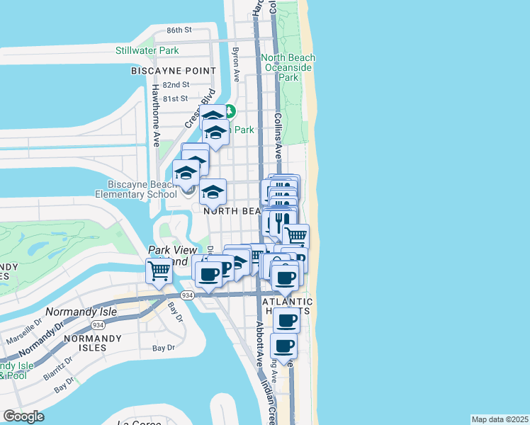 map of restaurants, bars, coffee shops, grocery stores, and more near 7418 Harding Avenue in Miami Beach