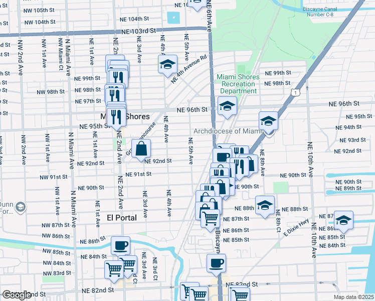 map of restaurants, bars, coffee shops, grocery stores, and more near 501 Northeast 92nd Street in Miami Shores