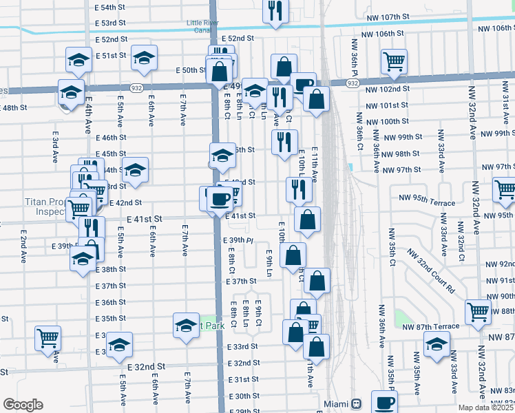 map of restaurants, bars, coffee shops, grocery stores, and more near 930 East 41st Street in Hialeah