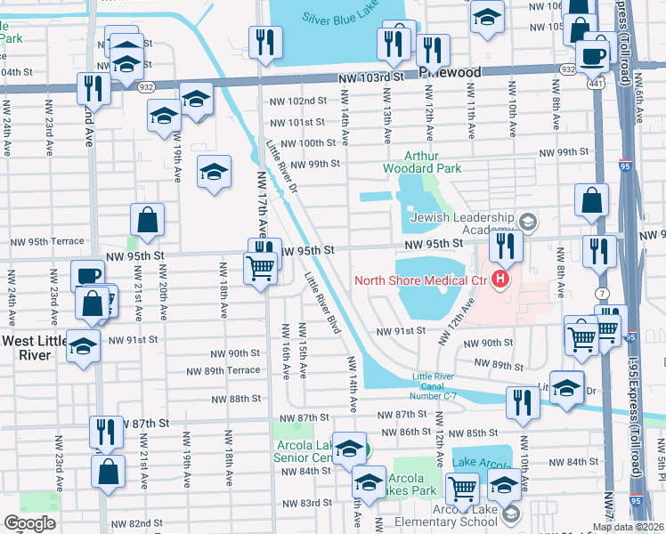 map of restaurants, bars, coffee shops, grocery stores, and more near 9320 Little River Drive in Miami