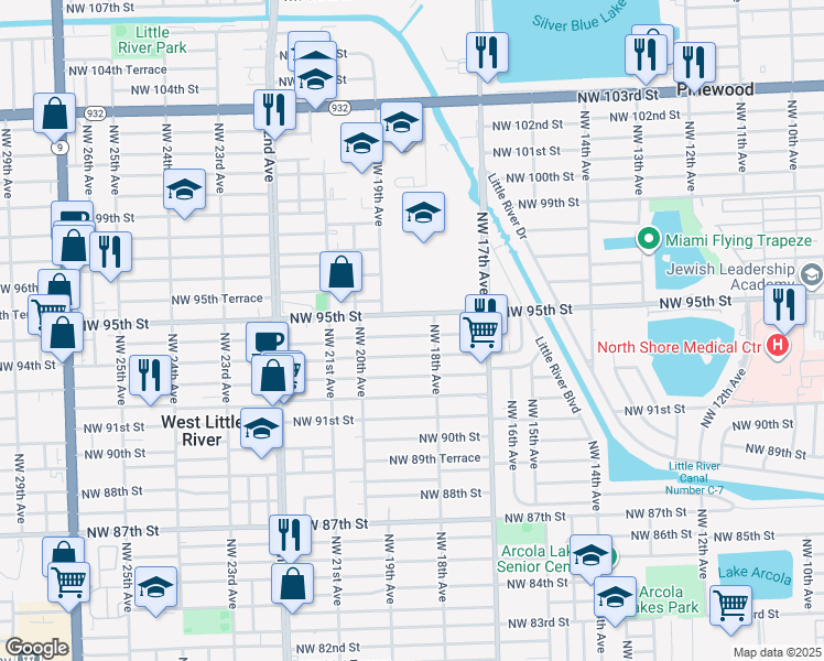 map of restaurants, bars, coffee shops, grocery stores, and more near 1848 Northwest 94th Street in Miami