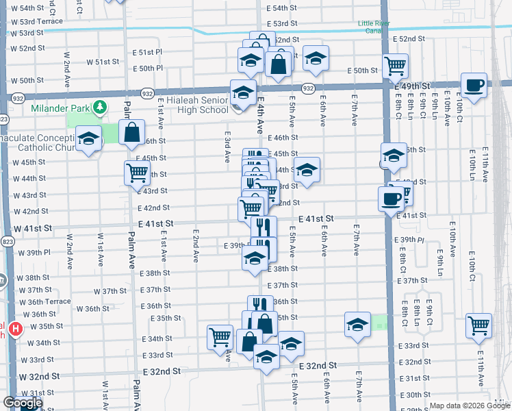 map of restaurants, bars, coffee shops, grocery stores, and more near 345 East 41st Street in Hialeah