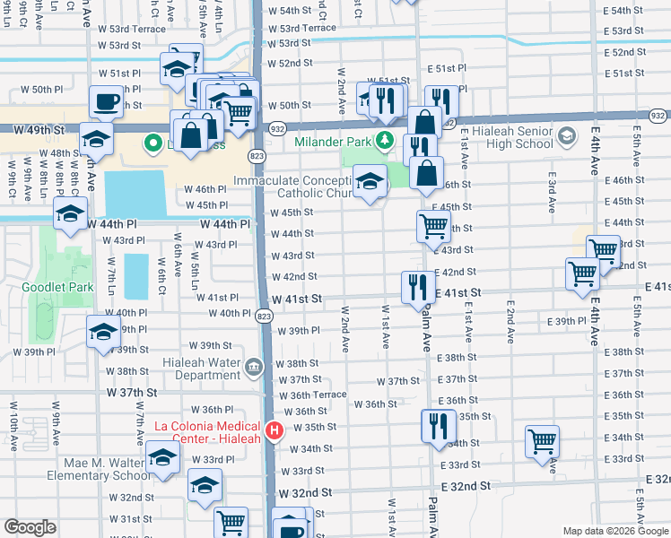 map of restaurants, bars, coffee shops, grocery stores, and more near 242 West 42nd Street in Hialeah
