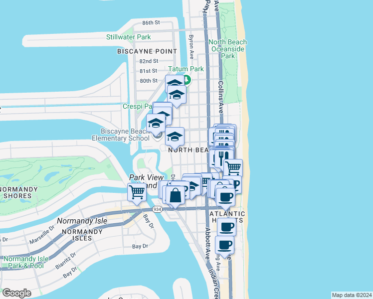 map of restaurants, bars, coffee shops, grocery stores, and more near in Miami Beach