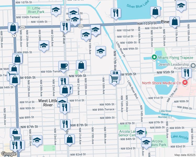 map of restaurants, bars, coffee shops, grocery stores, and more near 1848 Northwest 94th Street in Miami