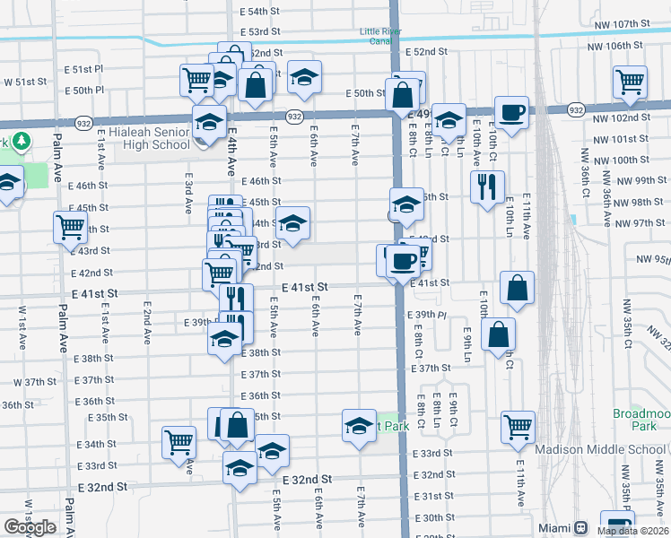map of restaurants, bars, coffee shops, grocery stores, and more near 661 East 41st Street in Hialeah
