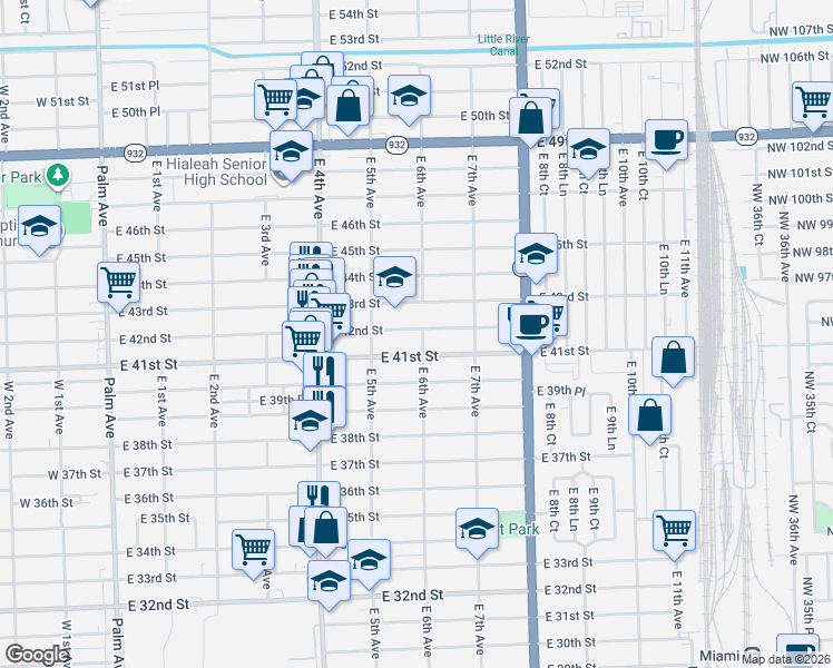 map of restaurants, bars, coffee shops, grocery stores, and more near 585 East 41st Street in Hialeah