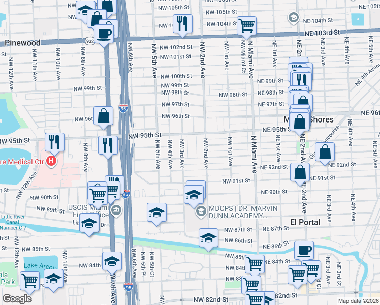 map of restaurants, bars, coffee shops, grocery stores, and more near 290 Northwest 93rd Street in Miami Shores