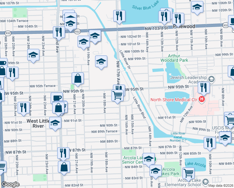 map of restaurants, bars, coffee shops, grocery stores, and more near 9352 Northwest 17th Avenue in Miami