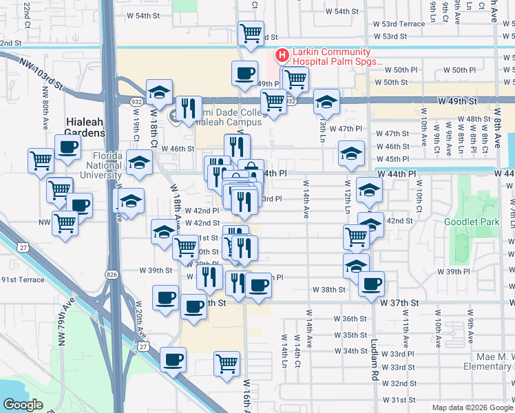 map of restaurants, bars, coffee shops, grocery stores, and more near in Hialeah