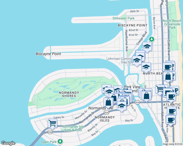 map of restaurants, bars, coffee shops, grocery stores, and more near 385 Fairway Drive in Miami Beach