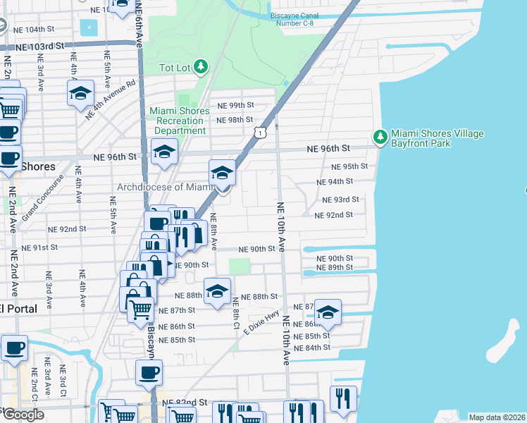 map of restaurants, bars, coffee shops, grocery stores, and more near 955 Northeast 92nd Street in Miami Shores