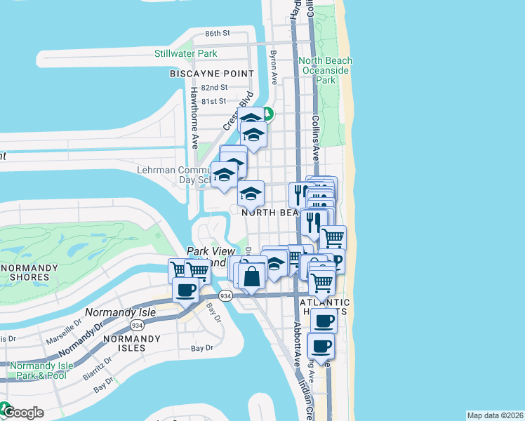 map of restaurants, bars, coffee shops, grocery stores, and more near 7435 Carlyle Avenue in Miami Beach