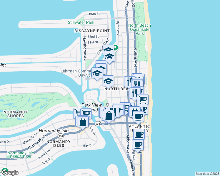 map of restaurants, bars, coffee shops, grocery stores, and more near 7445 Dickens Avenue in Miami Beach