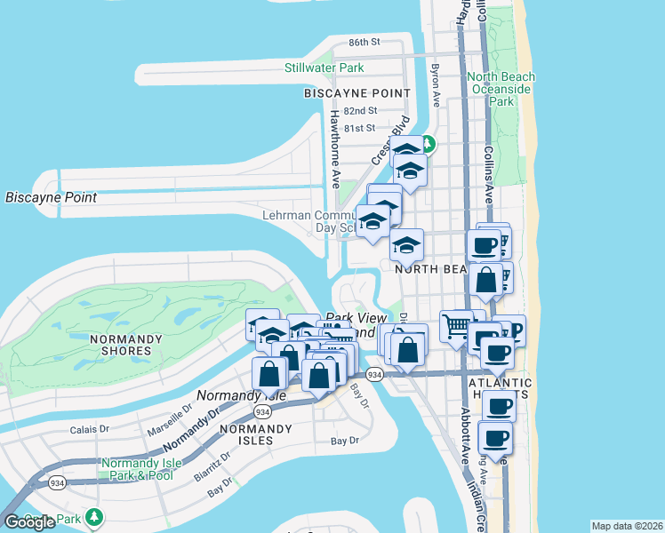 map of restaurants, bars, coffee shops, grocery stores, and more near 7446 Gary Avenue in Miami Beach