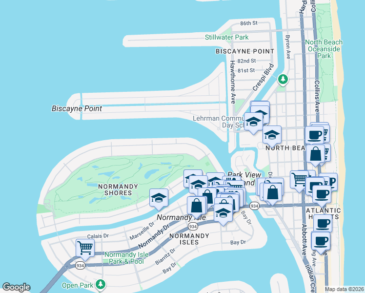 map of restaurants, bars, coffee shops, grocery stores, and more near 303 Fairway Drive in Miami Beach
