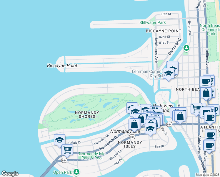 map of restaurants, bars, coffee shops, grocery stores, and more near 535 Fairway Drive in Miami Beach