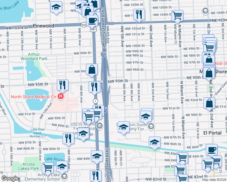 map of restaurants, bars, coffee shops, grocery stores, and more near 545 Northwest 93rd Street in Miami