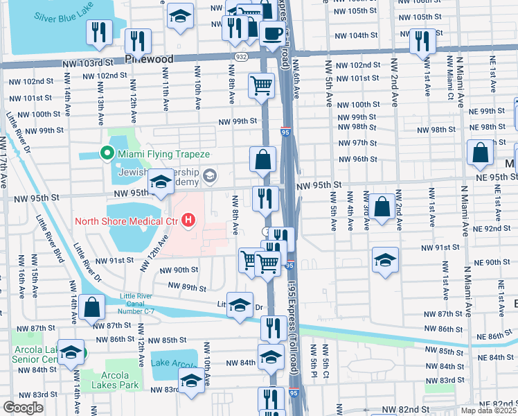 map of restaurants, bars, coffee shops, grocery stores, and more near 9401 Northwest 7th Avenue in Miami