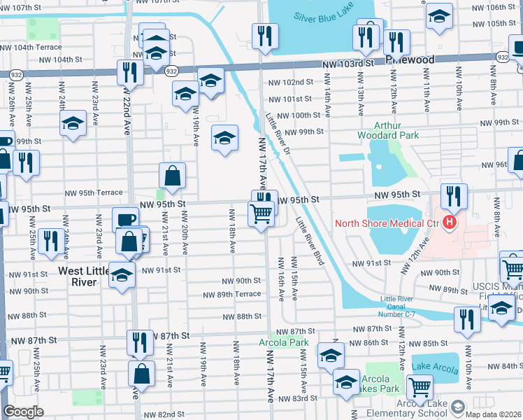 map of restaurants, bars, coffee shops, grocery stores, and more near 9352 Northwest 17th Avenue in Miami