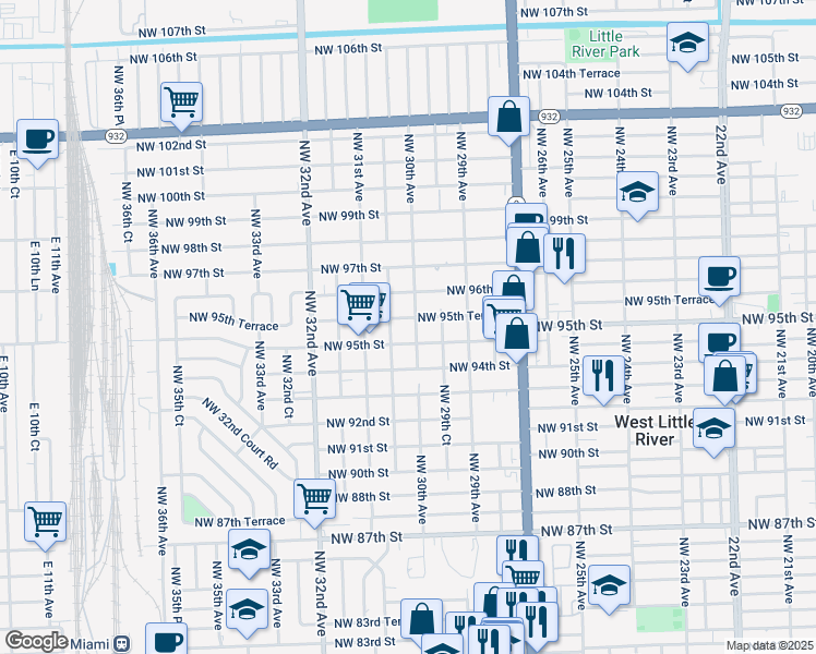 map of restaurants, bars, coffee shops, grocery stores, and more near 3028 Northwest 95th Street in Miami