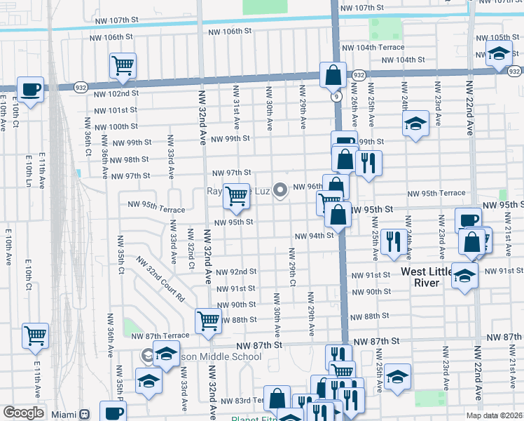 map of restaurants, bars, coffee shops, grocery stores, and more near 3028 Northwest 95th Street in Miami