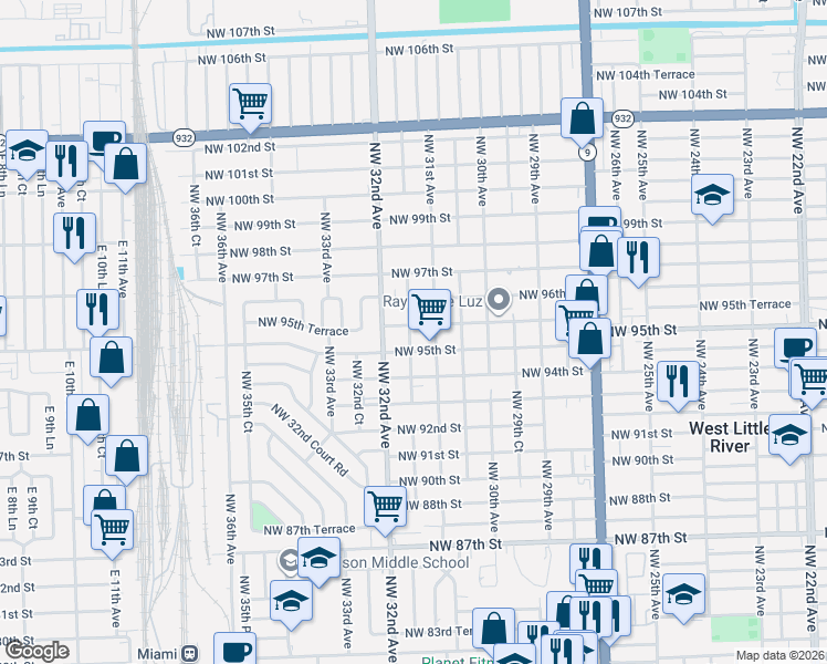 map of restaurants, bars, coffee shops, grocery stores, and more near 3178 Northwest 95th Street in Miami