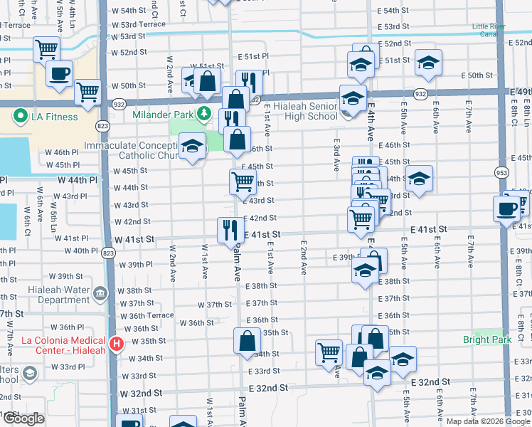 map of restaurants, bars, coffee shops, grocery stores, and more near 51 East 41st Street in Hialeah
