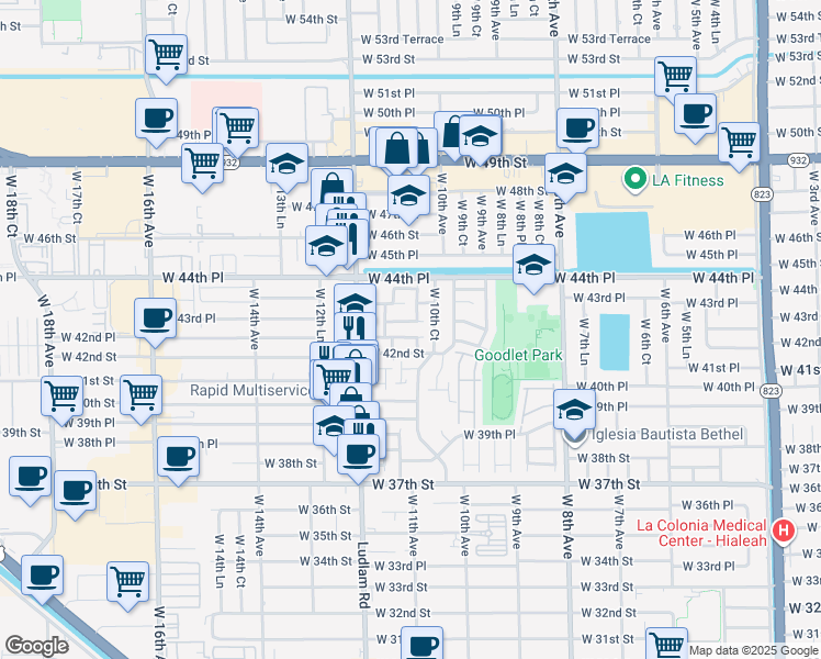 map of restaurants, bars, coffee shops, grocery stores, and more near 4210 West 10th Court in Hialeah