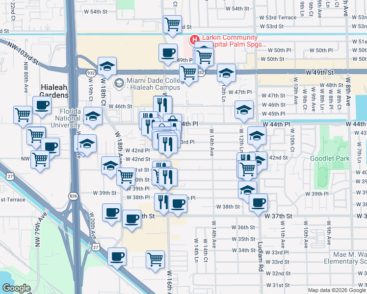 map of restaurants, bars, coffee shops, grocery stores, and more near 1501 West 42nd Street in Hialeah