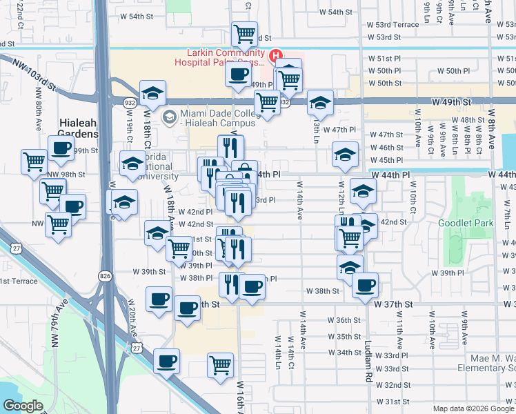 map of restaurants, bars, coffee shops, grocery stores, and more near 1501 West 42nd Street in Hialeah