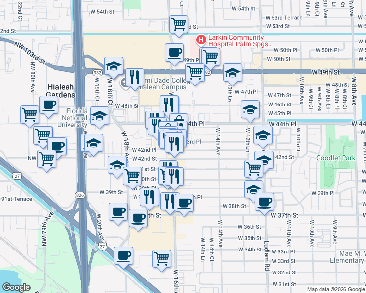 map of restaurants, bars, coffee shops, grocery stores, and more near in Hialeah