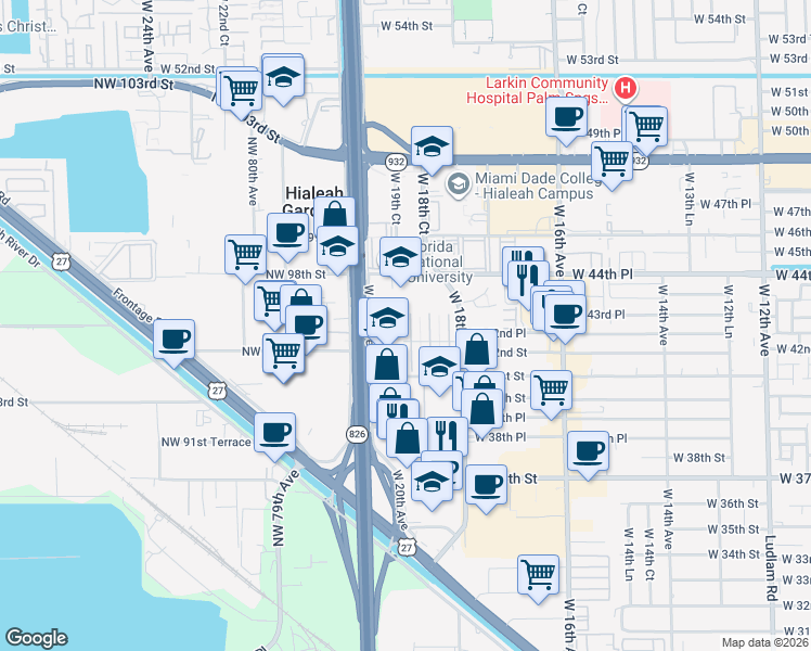 map of restaurants, bars, coffee shops, grocery stores, and more near 4199 West 19th Avenue in Hialeah