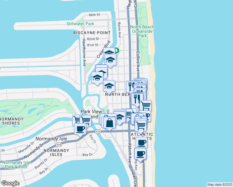 map of restaurants, bars, coffee shops, grocery stores, and more near 511 75th Street in Miami Beach