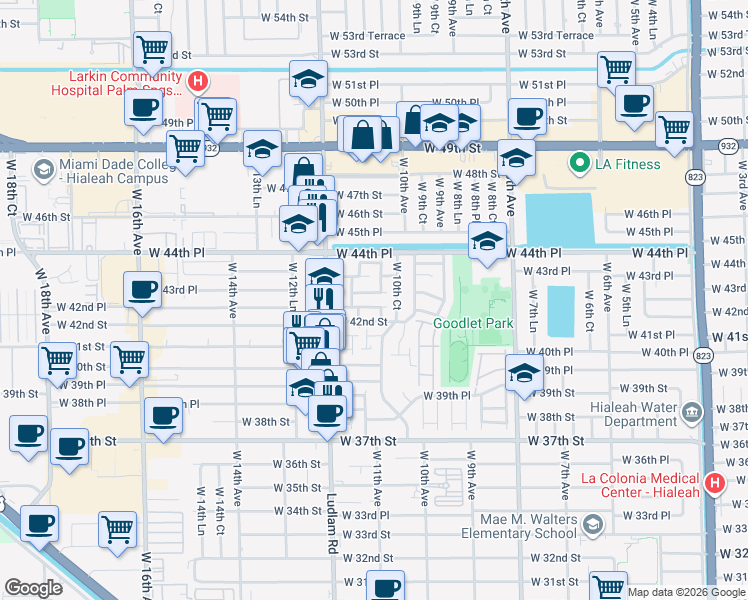 map of restaurants, bars, coffee shops, grocery stores, and more near 4210 West 10th Court in Hialeah